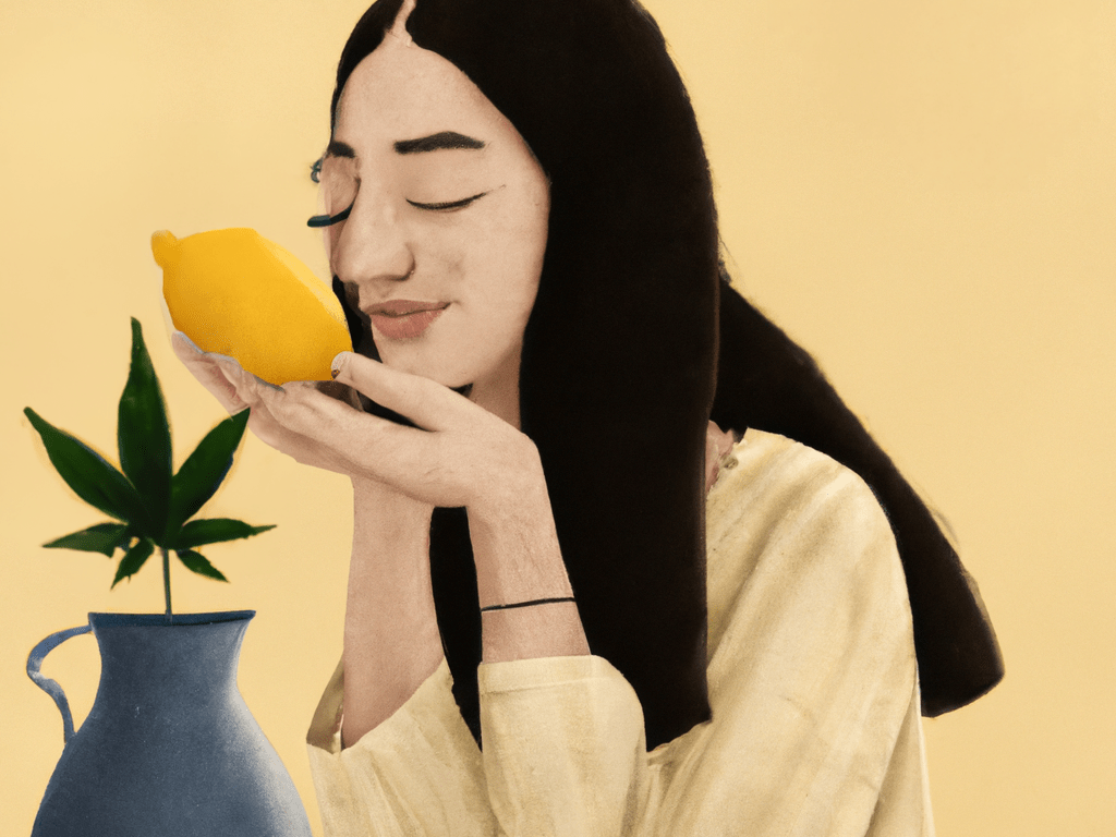 A woman smelling a lemon, which is the scent associated with the terpene myrcene.